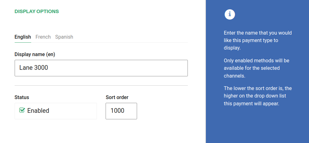 lane 3000 payment type on the ingenico payment provider + Display options