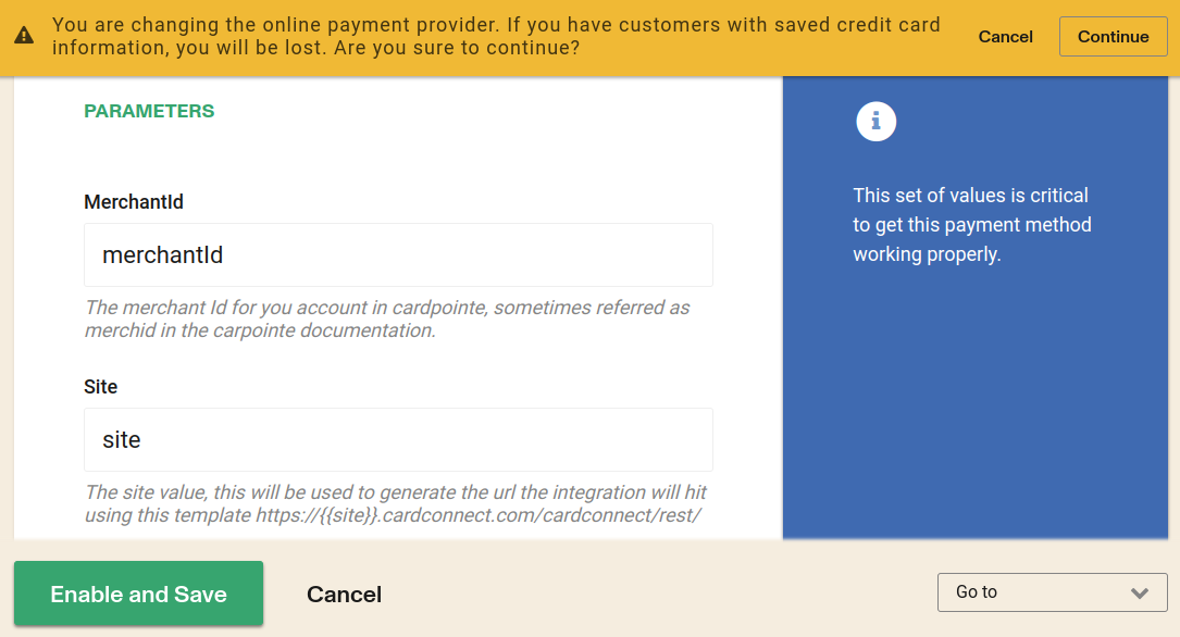 Cardpointe + 'online_credit' payment method + Enable and save option