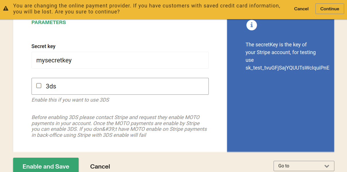 Stripe + 'online_credit' payment method + Enable and save option