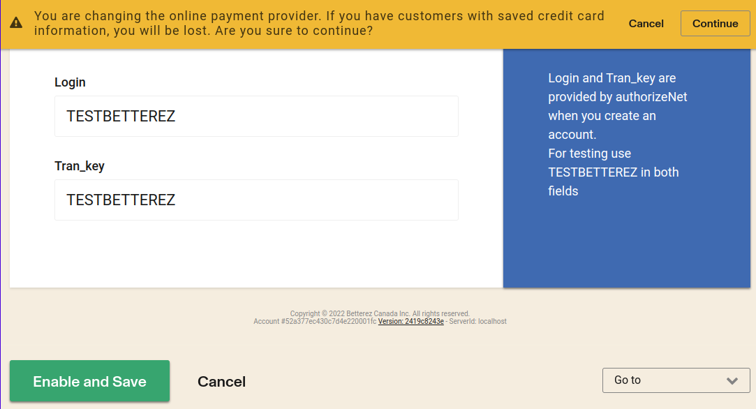 Authorize.Net + 'online_credit' payment method + Enable and save option