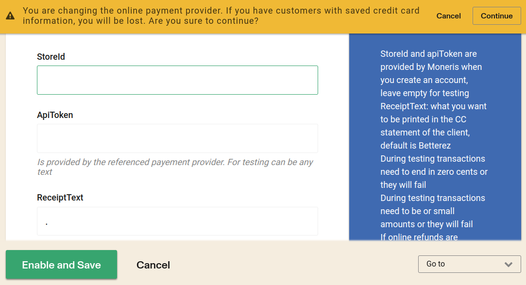 Moneris + 'online_credit' payment method + Enable and save option