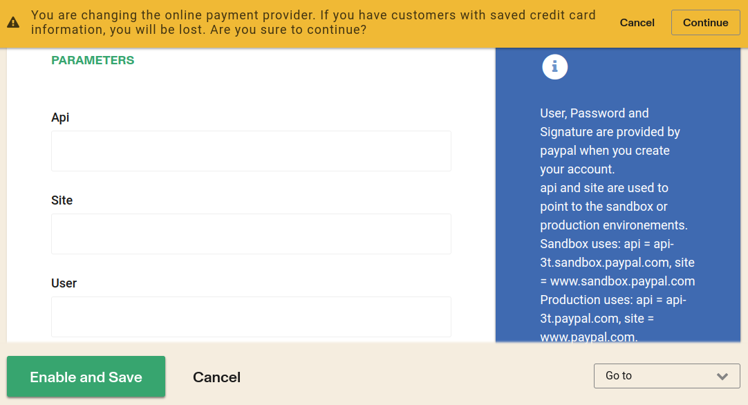 Paypal + 'online_credit' payment method + Enable and save option