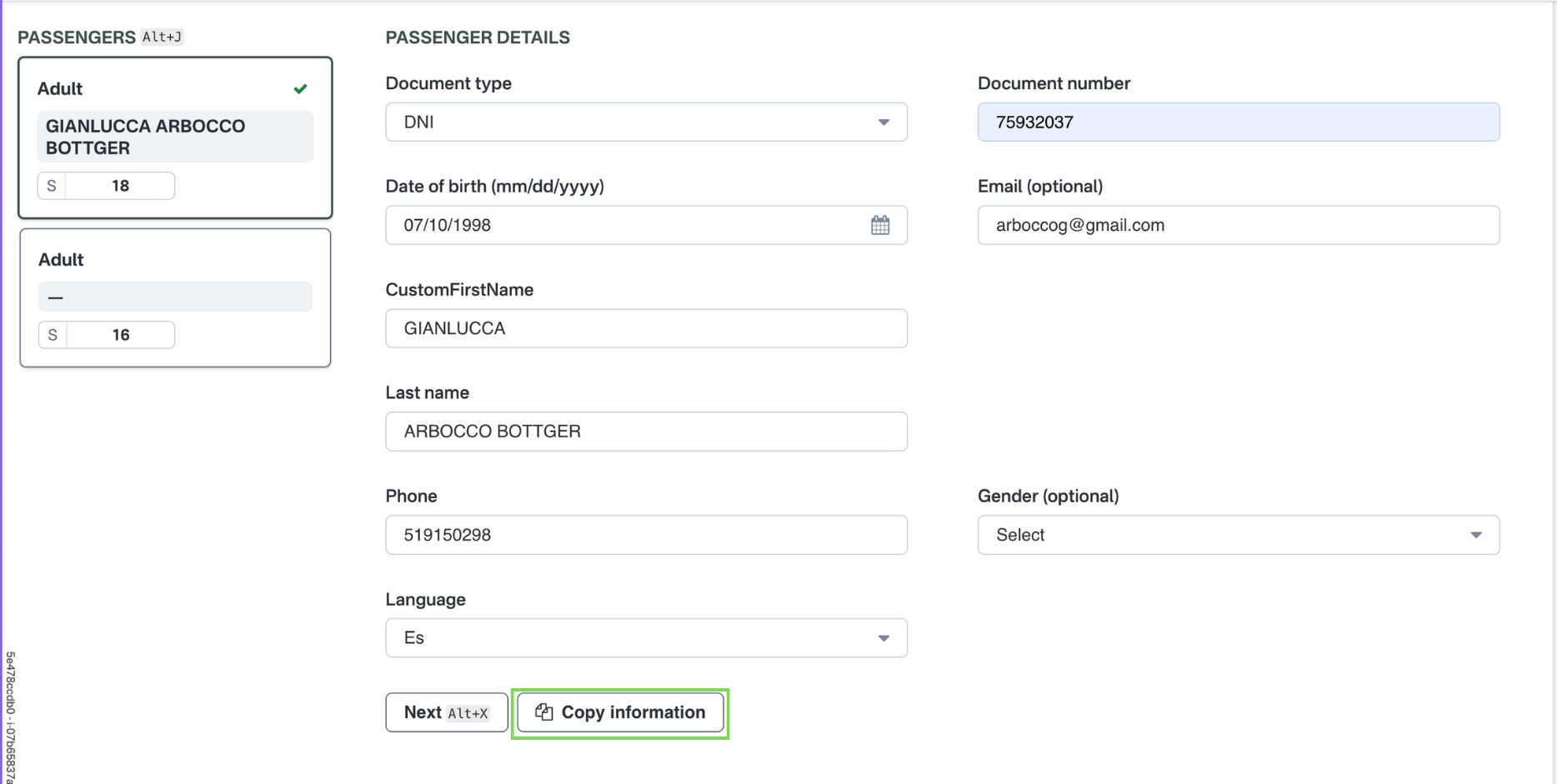 Copy customer information