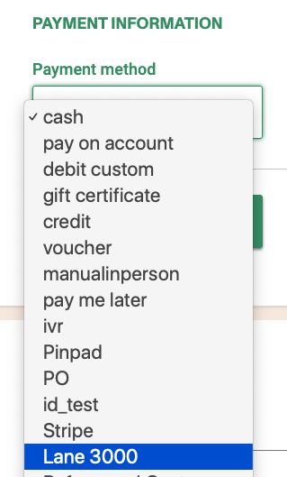 Payment selection combo