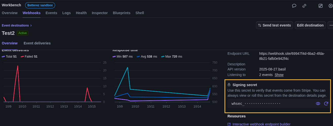 Stripe developers webhook key