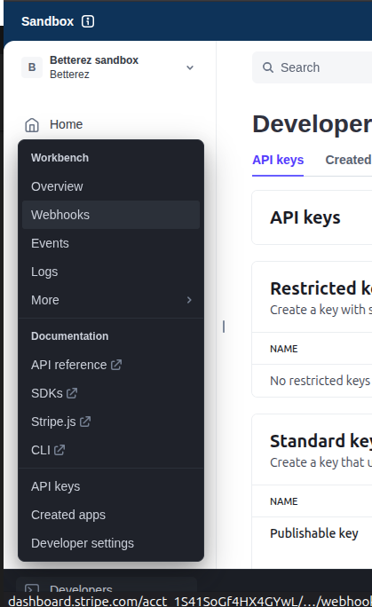 Stripe developers webhook menu