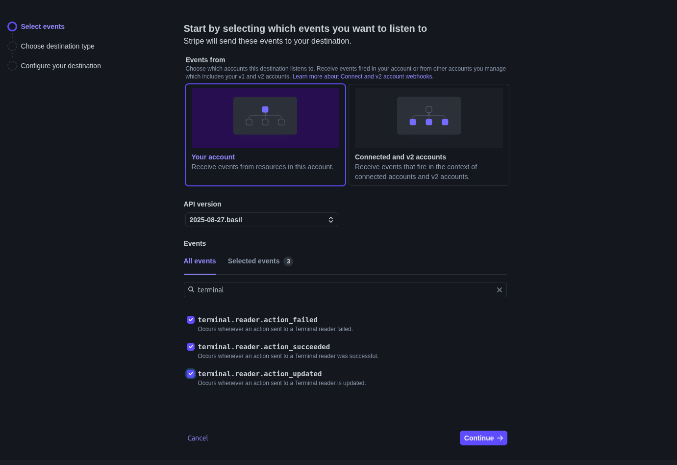 Stripe developers webhook setup
