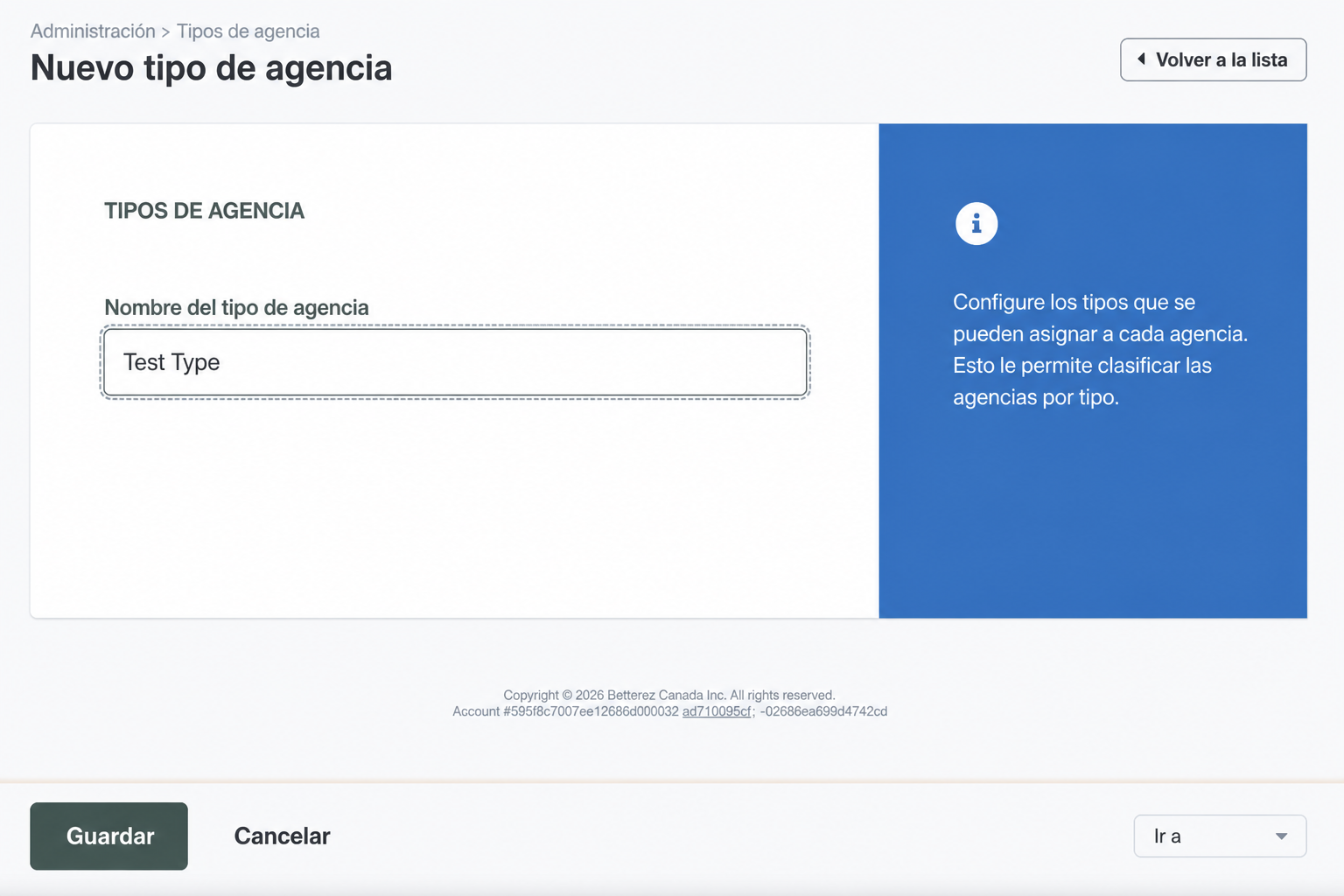 Formulario para crear tipo de agencia Formulario para crear tipo de agencia