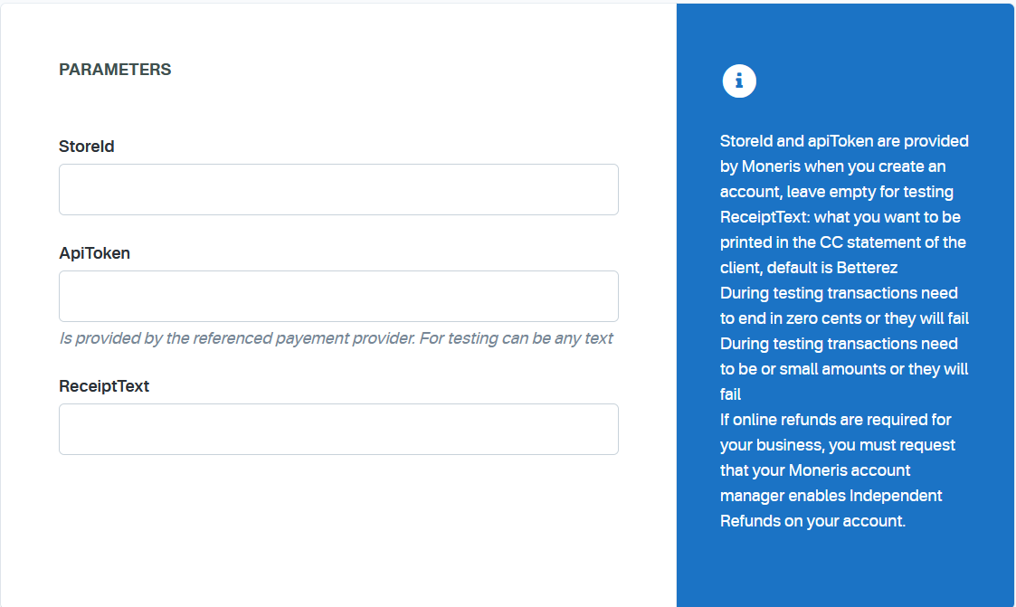 Moneris + 'online_credit' payment method + Parameters