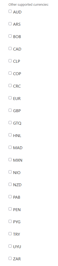 Other supported currencies Other supported currencies