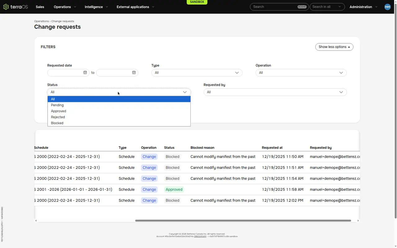 Status filter options Status filter options